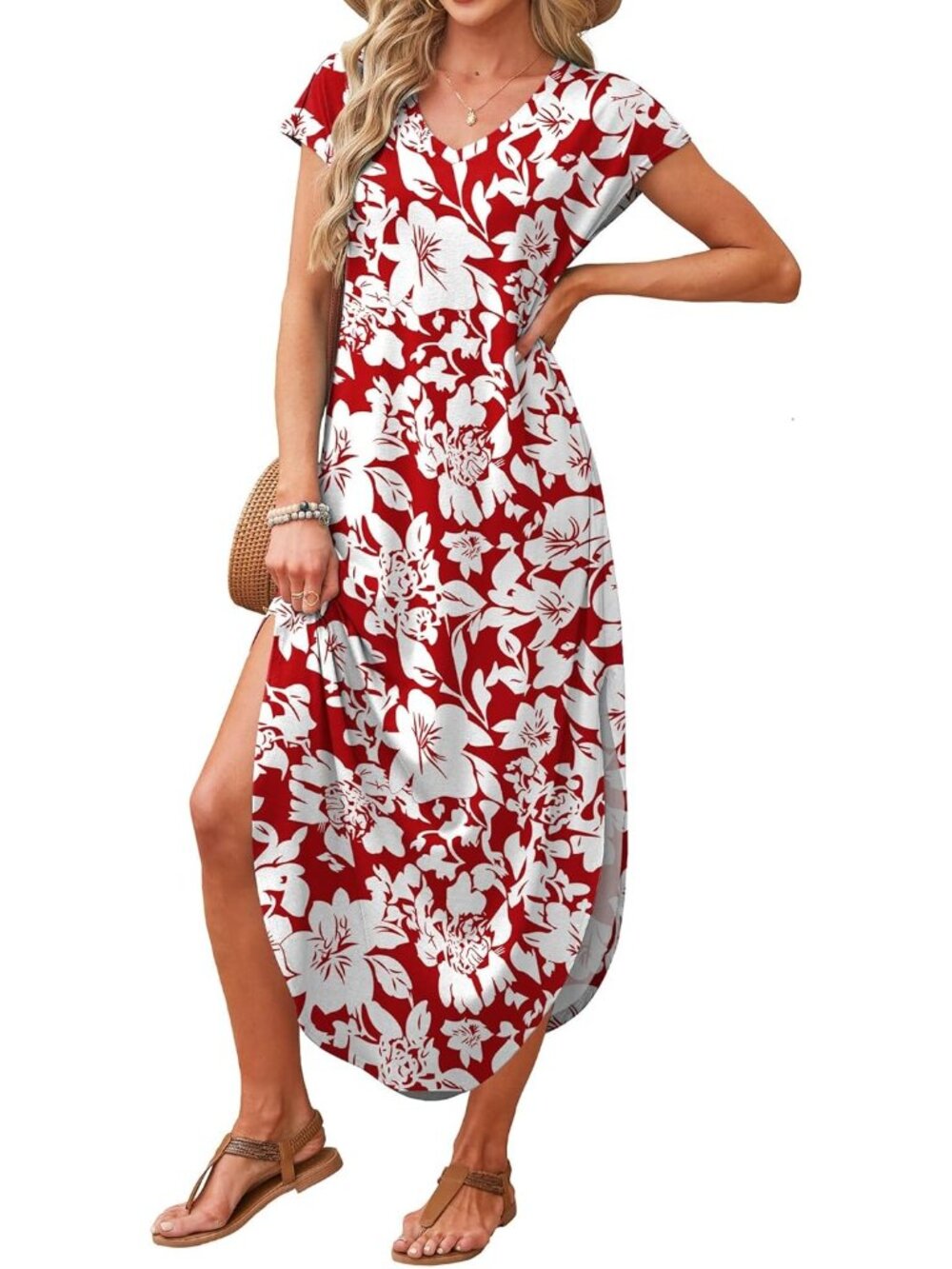 Women's Red Withe V Neck Cap Sleeve Long With Pocket Pull On Casual Maxi Dresses - Picture 3 of 4